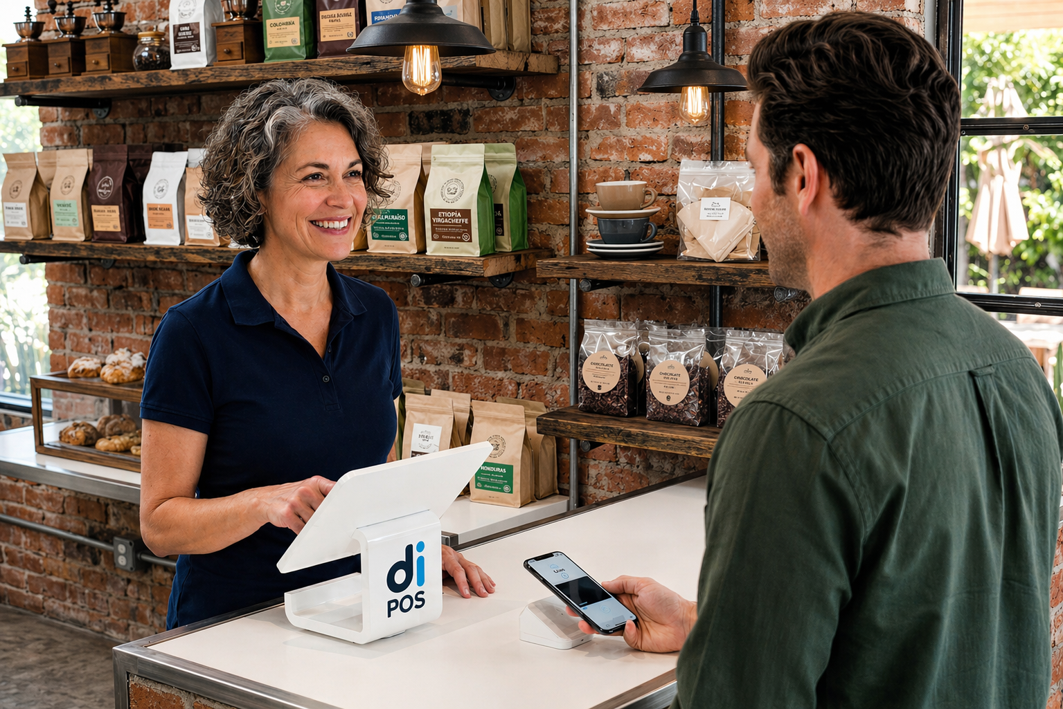 Dipos checkout: customer pays with phone, staff at a warm retail counter